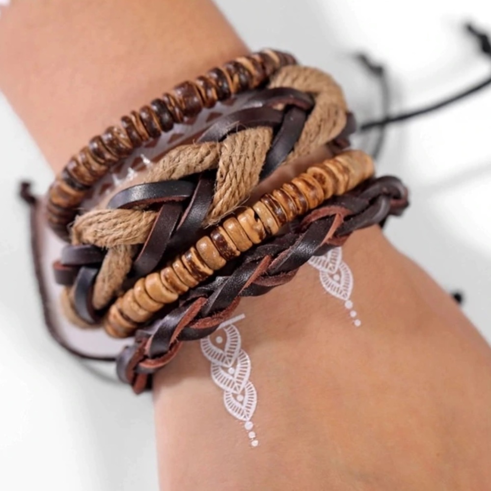 🏆Set of 5 Boho Leather and Beaded Bracelet Set - Picture 2 of 5